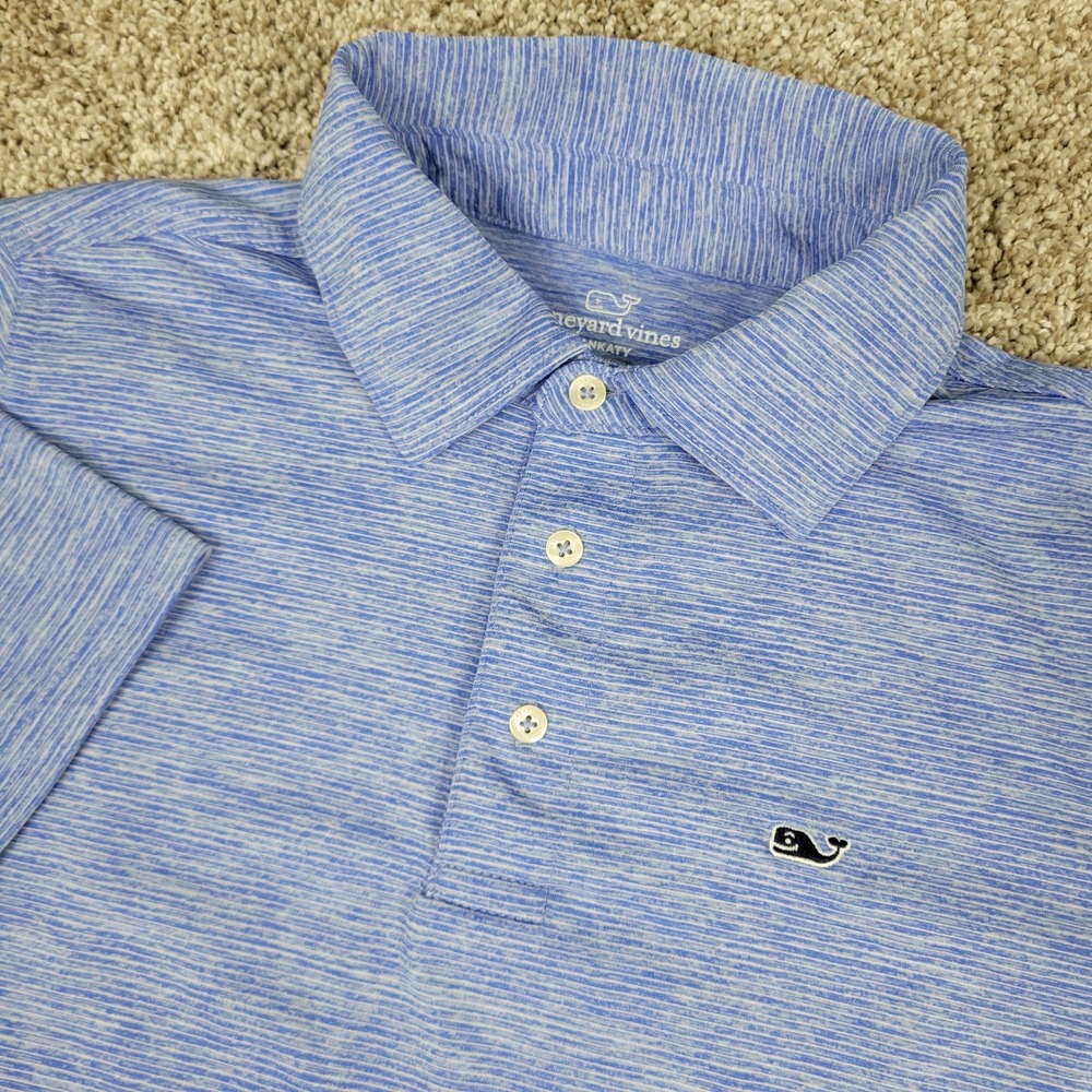 Vineyard Vines Sankaty Boys Large Blue Striped Performance Stretch Golf Polo